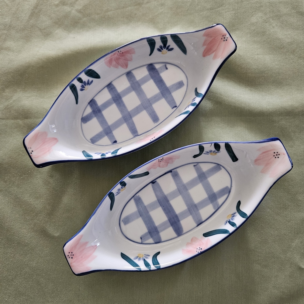 Set of 2 Vintage Mini Oval Casserole Dishes 9" Light Blue, Pink Checkered Floral